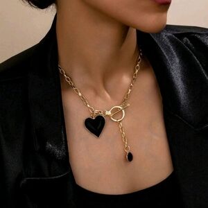 Gold Chain Necklace with Black‎ Heart Pendant Stylish Fashion Jewelry For Woman